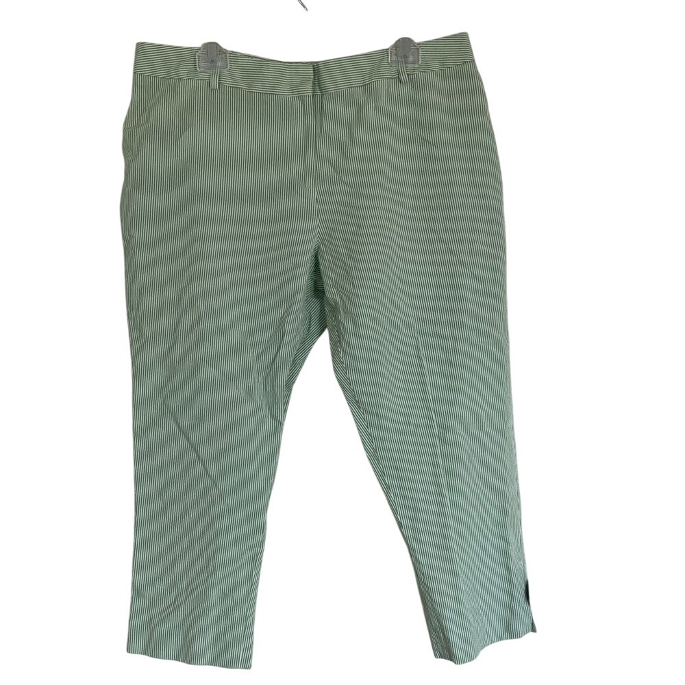 Talbots Womens Seersucker Crop Pant Size 18W Green White Striped Preppy Coastal